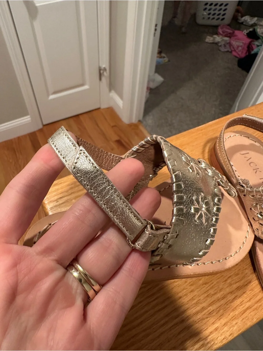 Jack Rogers Girls Metallic Gold Embroidered T-Strap Sandals